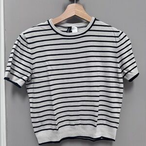 Divided Black and White Striped Short Sleeve Tee
